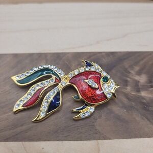 Vintage Gold Tone And Enamel Red And Green Tropical Fish Brooch Pin